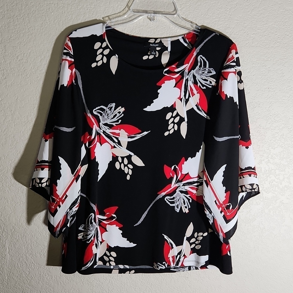 Alfani Blouse Womens Small Top Floral Black White Tan Red Career